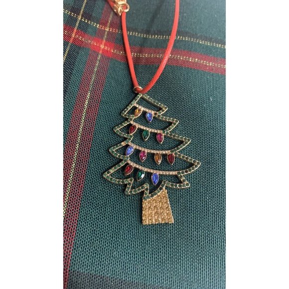 Christmas Tree Holiday Necklace on 26" Black Cord, Lobster Clasp 3" Extension - Picture 3 of 5